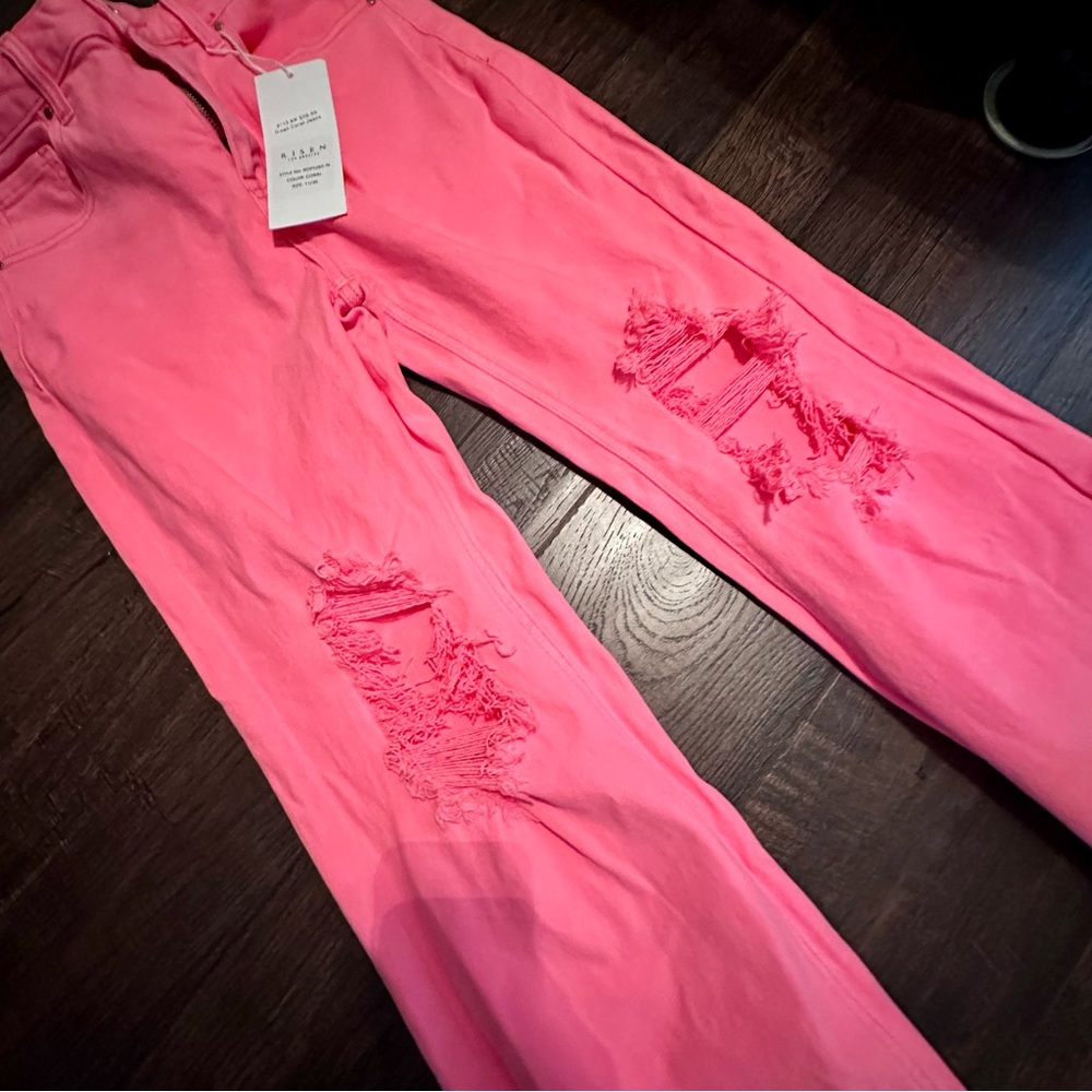 Risen Coral High Waisted Distressed Cropped Jeans